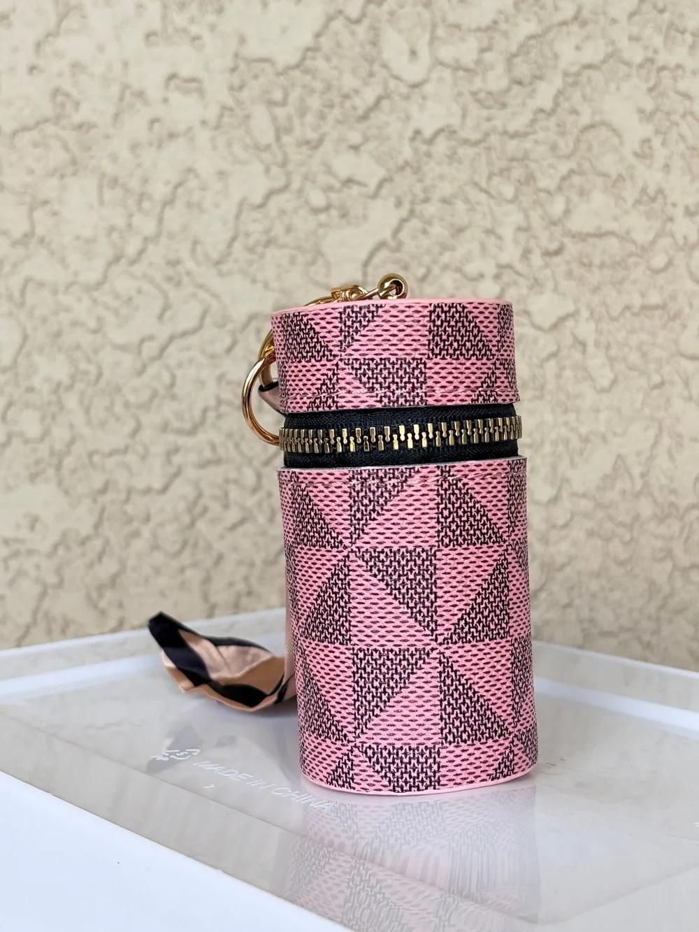 Pink Patterned Cylinder Compartment Bag with Scarf Accent